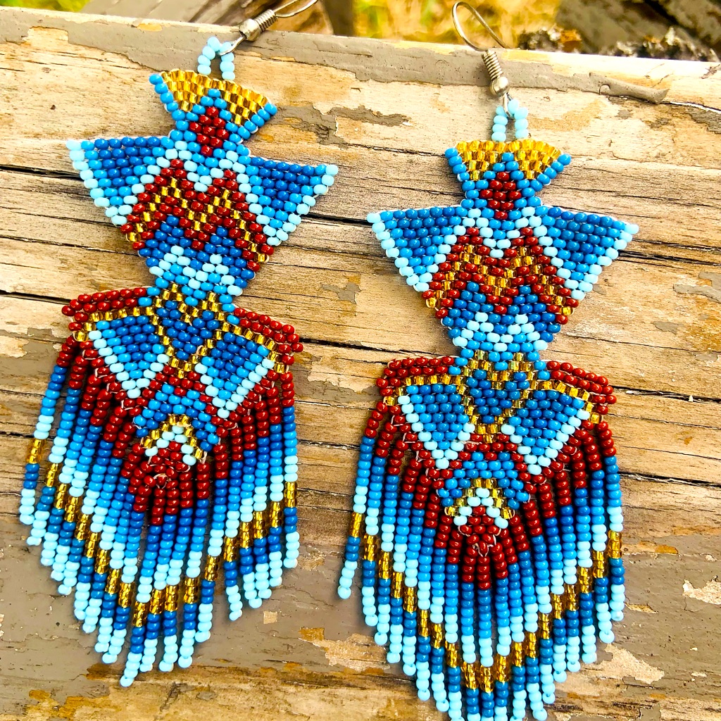 Blue Adelita Huichol Beaded Earrings Handmade 21$